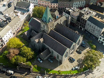 Overhead view of St. Nicholas’ Collegiate Church of Ireland, Galway city